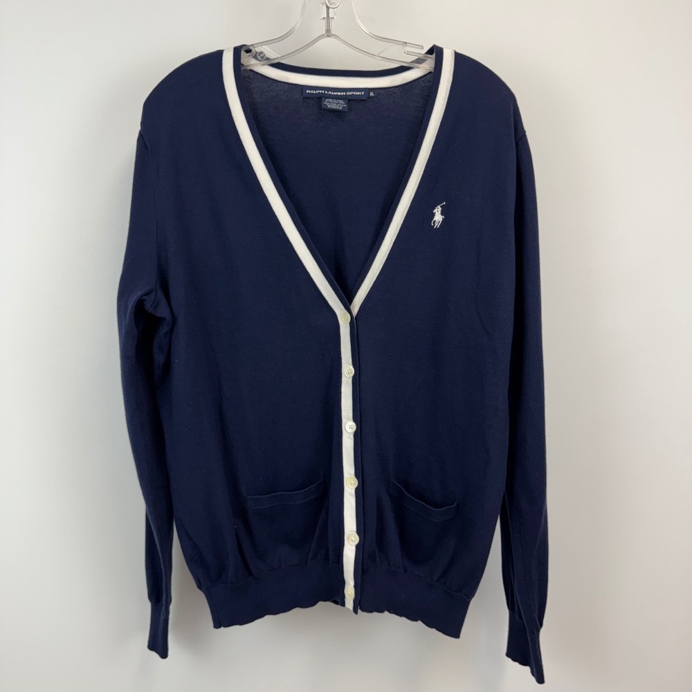 Ralphā Lauren Sport Navy Blue Pima Cotton Cardigan Sweater White Trim Women XL